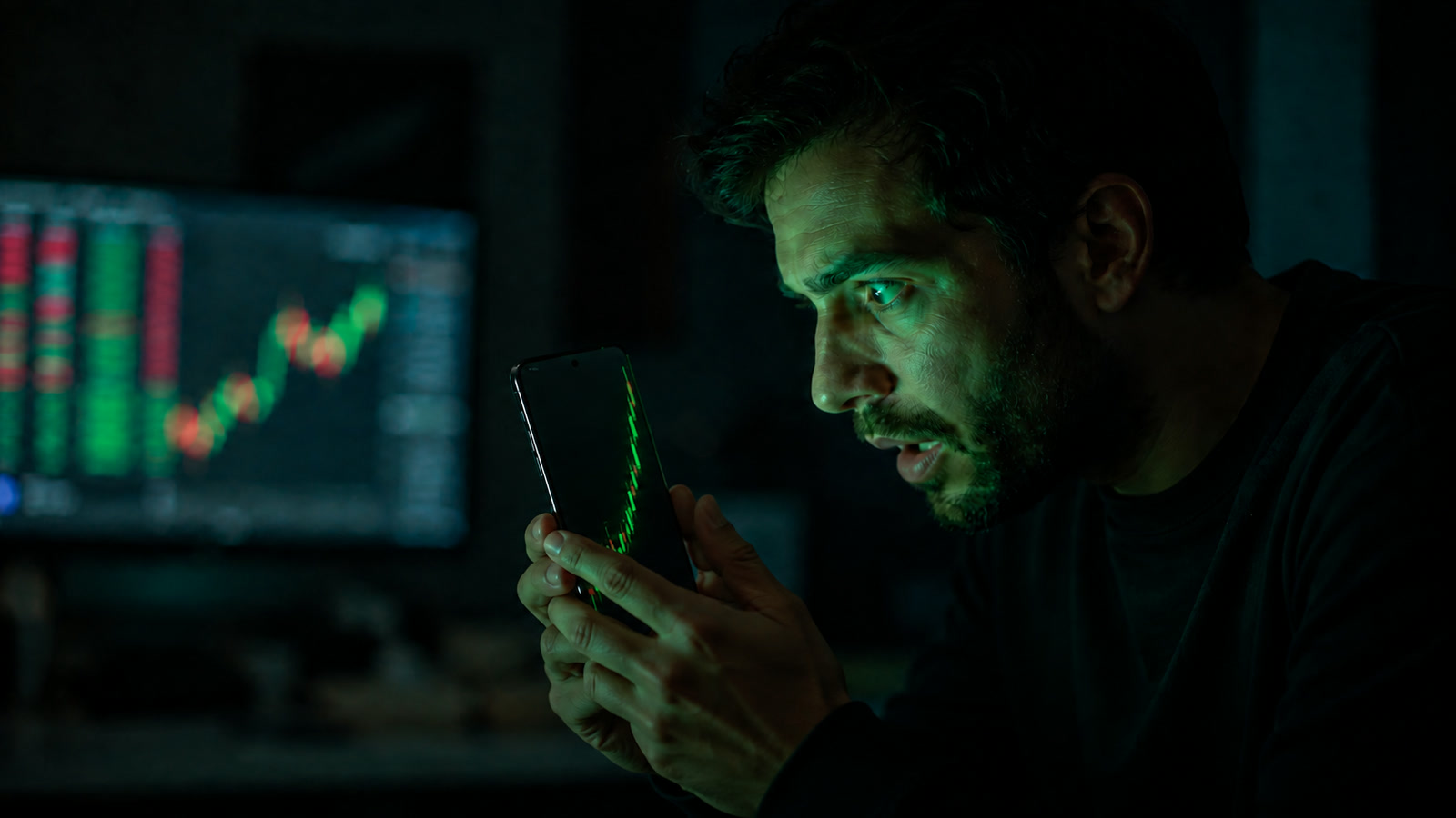 A hand grips a phone showing a trading app in full rally
